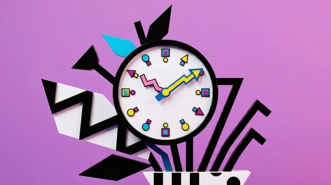 A retro-pop Memphis style clock featuring vibrant geometric shapes and zig-zag patterns against a solid purple backdrop.