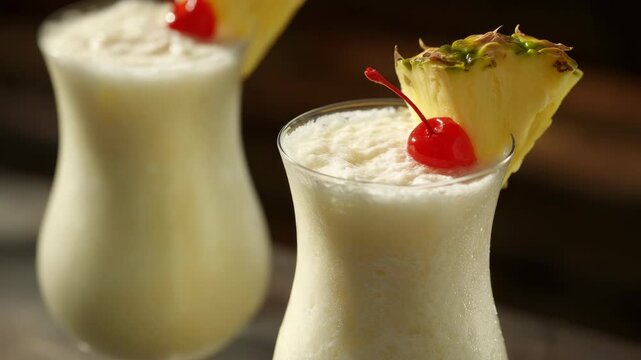 Two delicious pina coladas served in clear glasses, garnished with cherries and pineapple slices.