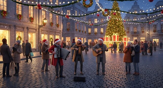 Street musicians performing at a festive Christmas market square.