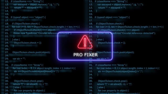 Pro fixer software error alert: neon warning sign over programming code background, coding development