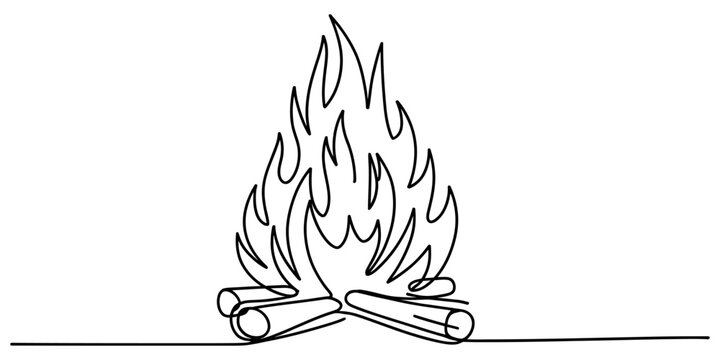 Continuous line drawing of a burning campfire with logs and rising flames