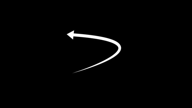 Minimalist hand-drawn curved arrow animation, white pointer on black background, doodle direction
