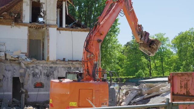  Excavator stands on construction site. construction company, demolition concept.