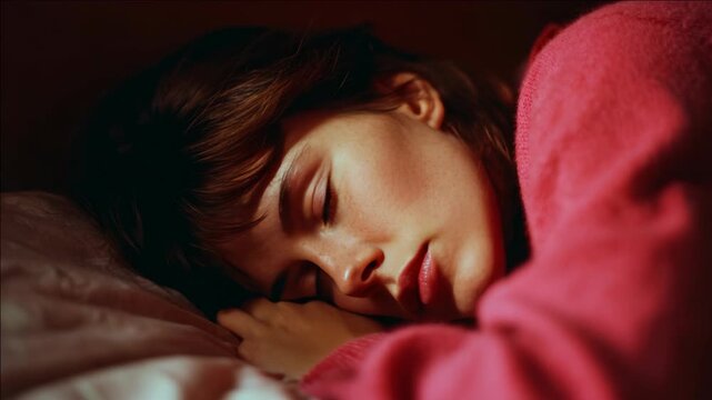 Young woman sleeps peacefully in soft pink robe. Warm light gently illuminates her serene face. Her hand rests near her cheek, relaxed and still. Dark hair frames her gentle expression
