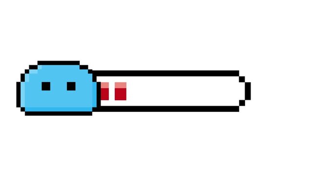 Charming pixel art blue blob character icon alongside a vibrant progress status bar, perfect for retro gaming interfaces and digital user experience designs