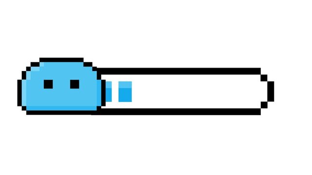 Adorable pixel art blue slime character animating on a retro video game progress bar, indicating a loading state or game advancement