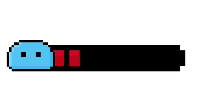 Pixelated blue slime character with a game health bar displaying red segments, a retro 8-bit digital graphic element indicating status or damage in a fantasy gaming interface