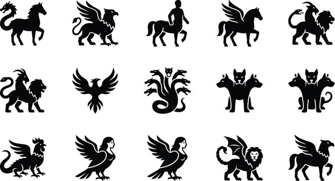 Collection of mythological creatures and symbols in silhouette form.