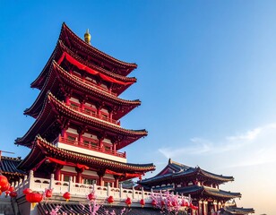 Fototapeta premium A multi-tiered traditional East Asian temple, predominantly colored in deep red with white accents. The roofs are intricate, with upturned eaves characteristic of the architectural style.