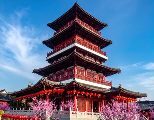Fototapeta premium A multi-tiered traditional East Asian temple, predominantly colored in deep red with white accents. The roofs are intricate, with upturned eaves characteristic of the architectural style.