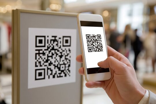 Person holding a smartphone scanning a QR code displayed on a poster in a retail store environment.