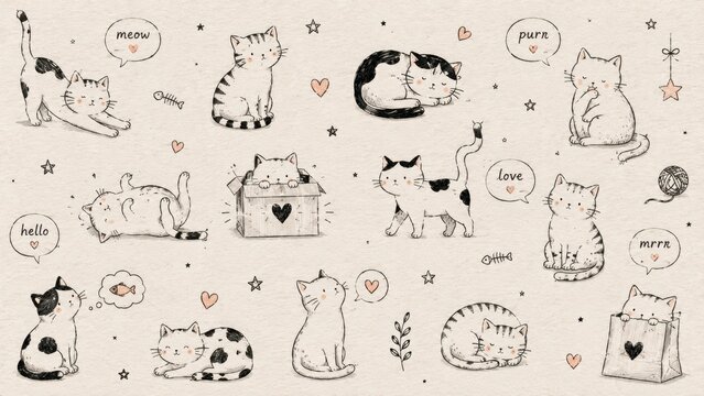 Cute Hand Drawn Playful Cats Collection with Whimsical Doodles and Pastel Charm