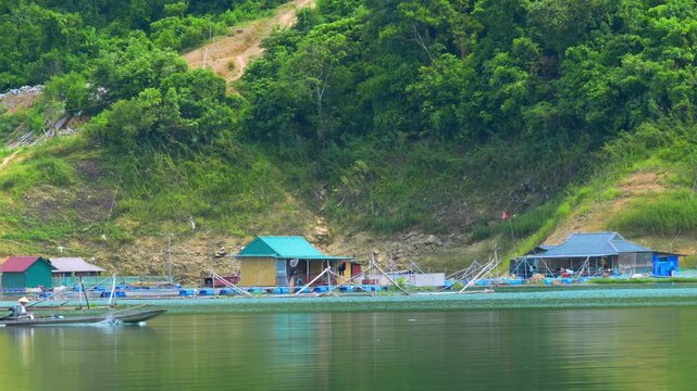 Floating fish farms on Ngoi Hoa Bay, Hoa Binh Lake, Vietnam