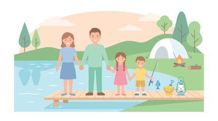 A happy family of four stands together on a wooden dock by a lake, enjoying a peaceful camping trip in a beautiful green outdoor setting. © Violet