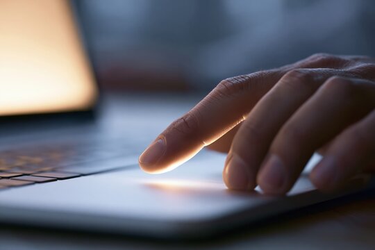 Close-up of a person's hand using a laptop touchpad with warm light illuminating the finger.