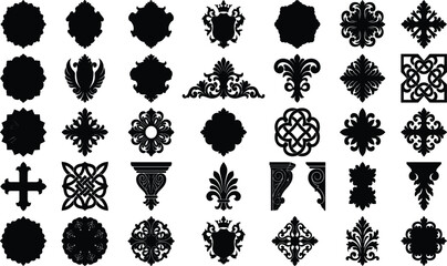 Collection of vintage baroque ornaments architectural elements heraldic shields and frames black vector silhouettes set © Mst