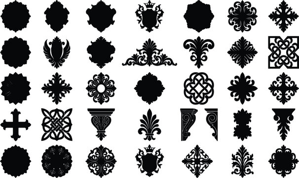 Collection of vintage baroque ornaments architectural elements heraldic shields and frames black vector silhouettes set