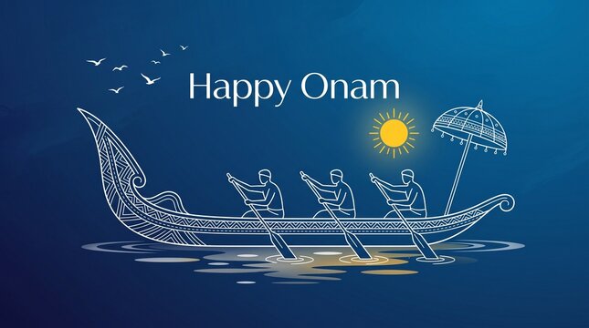 Happy Onam festival greeting card background vector illustration with traditional Kerala snake boat race, rowers, sun, and decorative umbrella on blue water background