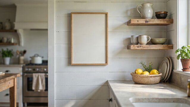 Empty wooden frame on white shiplap wall in farmhouse kitchen