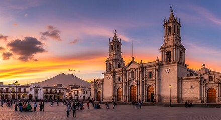 Obraz premium Historic Cathedral Standing Beside Busy Colonial Plaza at Colorful Sunset