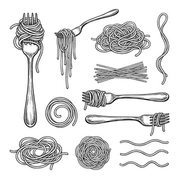 Vintage ink sketch set of fork and spaghetti pasta noodle isolated on white background, italian food concept