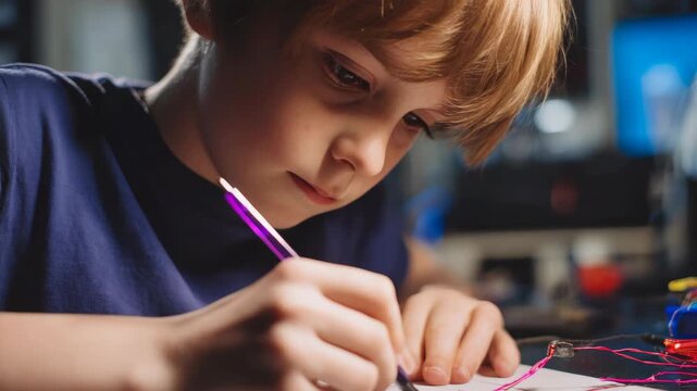 A child focused on drawing plans for a project with electronic components and wires.