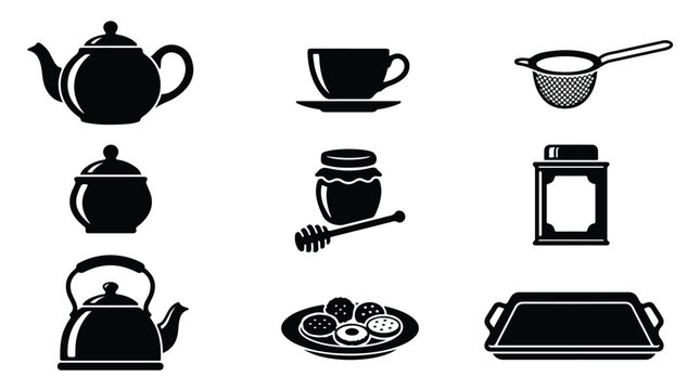 Black tea ceremony icons set, 9 vector silhouettes of teapot and kettle, honey jar and cookies on plate, kitchenware and cafe menu graphics