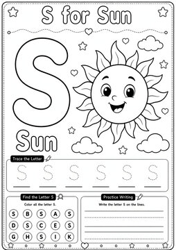 Alphabet learning worksheet for letter s for sun with tracing and writing exercises for preschool and kindergarten