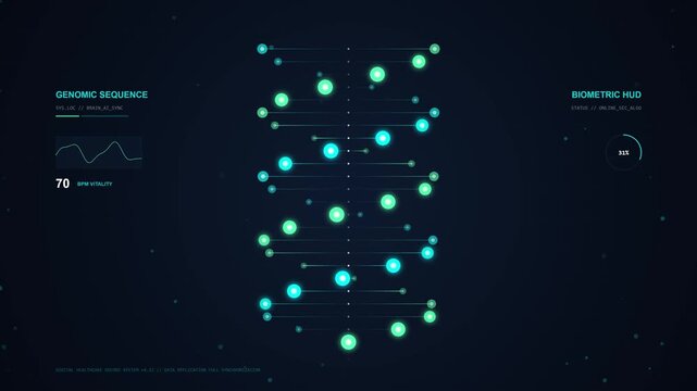 Abstract DNA Helix Animation with Futuristic HUD and Data Display