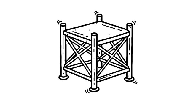 Hexagonal metal truss structure with vertical supports.