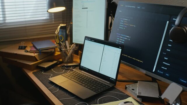 Computer monitors displaying software code and loading progress bar on messy developer desk. Clip is ideal for illustrating software development, IT support, or cyber security marketing, zoom in