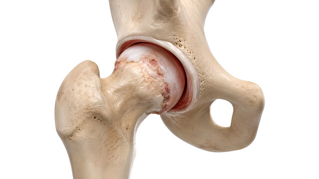 Hip osteoarthritis cartilage loss in femoral head, photorealistic 3D medical render of human hip joint anatomy with preserved acetabulum for orthopedic education, radiology, and patient care design