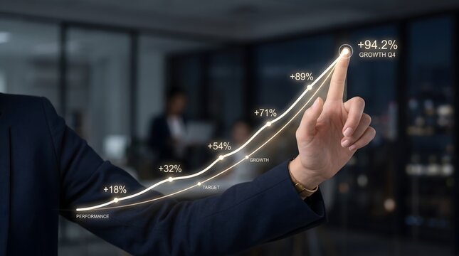 Hand interacting with digital performance curve showing significant quarterly growth percentages, highlighting strong business progress and exceeding target benchmarks