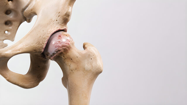 Hip osteoarthritis cartilage loss in femoral head, photorealistic 3D medical render of human hip joint anatomy with preserved acetabulum for orthopedic education, radiology, and patient care design