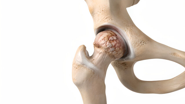 Hip osteoarthritis cartilage loss in femoral head, photorealistic 3D medical render of human hip joint anatomy with preserved acetabulum for orthopedic education, radiology, and patient care design