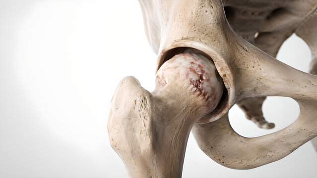 Hip osteoarthritis cartilage loss in femoral head, photorealistic 3D medical render of human hip joint anatomy with preserved acetabulum for orthopedic education, radiology, and patient care design