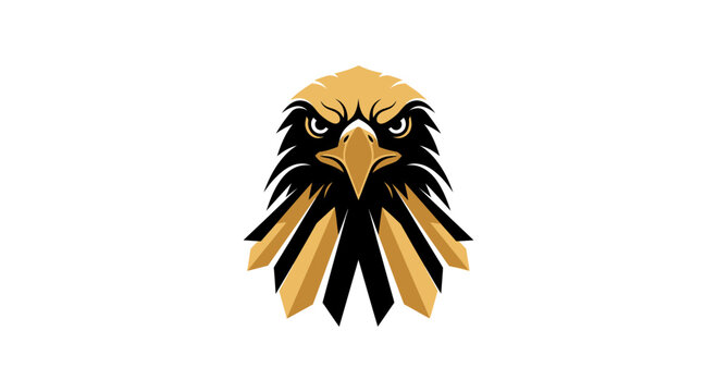 Majestic eagle head emblem with golden black feathers and intense stare