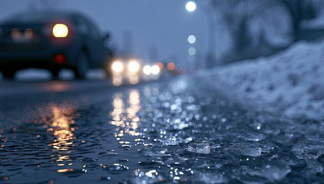 Wet, icy road reflecting streetlights with blurred cars in the background