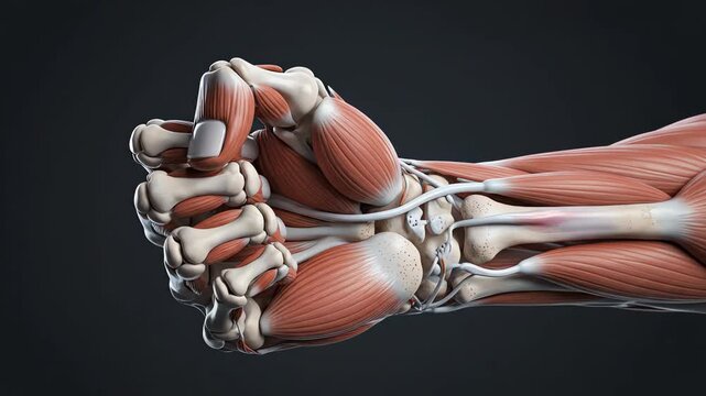 Anatomical illustration of a human arm and hand showing muscles and bones in detail from a medical perspective