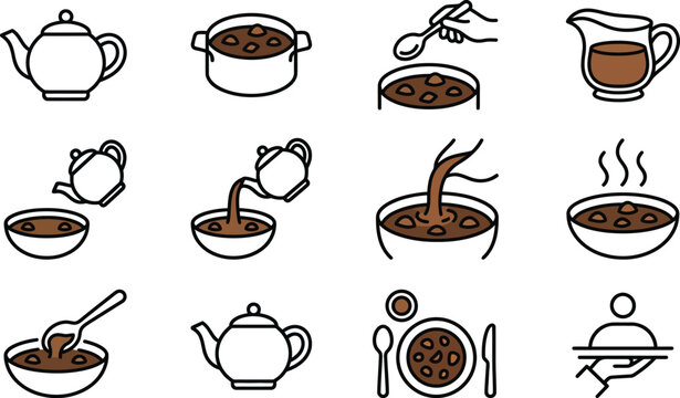 Collection of Soup and Tea Icons Representing Food Preparation and Serving.