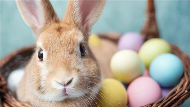 A cute fluffy bunny sitting on top of a wicker basket filled with vibrant Easter eggs. The ideal for celebrating Easter or creating holiday greeting cards.