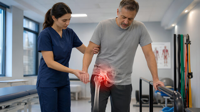 Hip osteoarthritis groin pain clinical procedure concept with patient consultation, inflamed hip joint anatomy overlay, injection treatment setting for medical education and clinic communication
