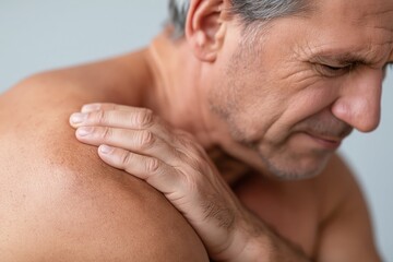 Fototapeta premium Close-up of a middle-aged man holding his shoulder in pain, showing signs of discomfort and suffering.