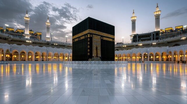 Sacred cube structure at religious site with reflecting courtyard and minarets