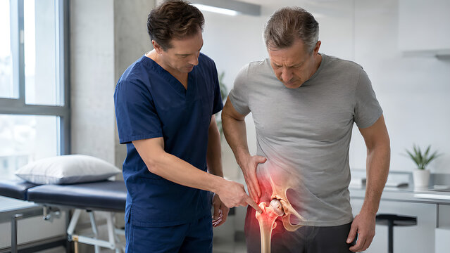 Hip osteoarthritis groin pain clinical procedure concept with patient consultation, inflamed hip joint anatomy overlay, injection treatment setting for medical education and clinic communication