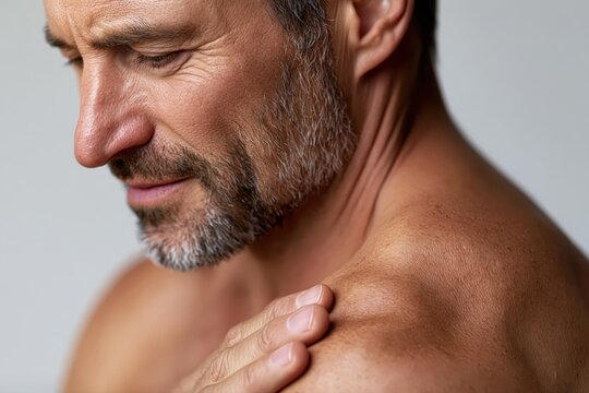 Close-up portrait of a mature man with a salt and pepper beard, looking down with a thoughtful expression, touching his shoulder.