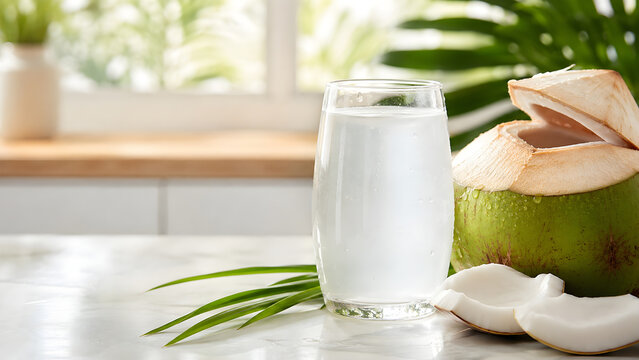 Fresh coconut water with opened young coconut in natural kitchen light