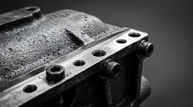 Close-up of a weathered, industrial metal engine block with visible bolts and rough texture, suggesting heavy machinery and mechanical engineering