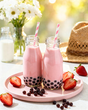 Two refreshing strawberry boba milk tea drinks served in glass bottles with striped straws on a rustic table during a bright sunny afternoon