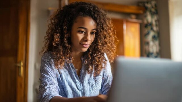 A young woman with curly hair sits at a desk and uses her laptop. She's wearing a blue patterned blouse. The is taken indoors during the day.